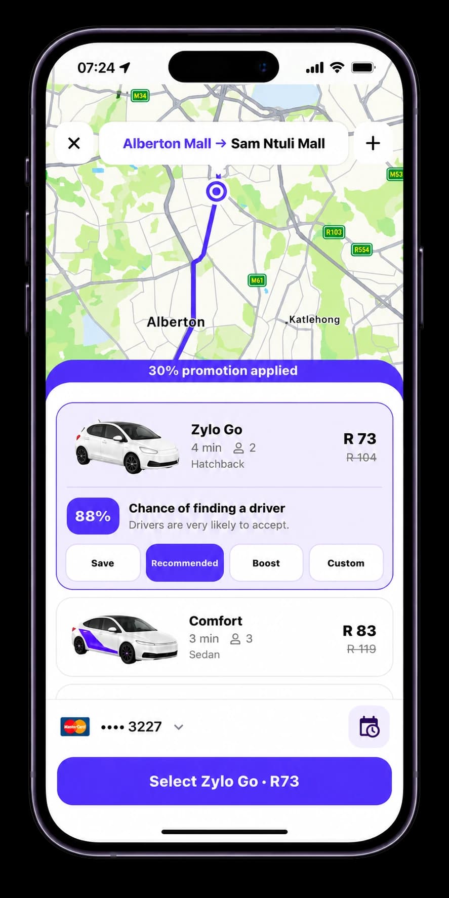 Zylo Select Ride screen showing a 30% promotion, Zylo Go, an 88% chance of finding a driver, and Save, Recommended, Boost and Custom fare choices