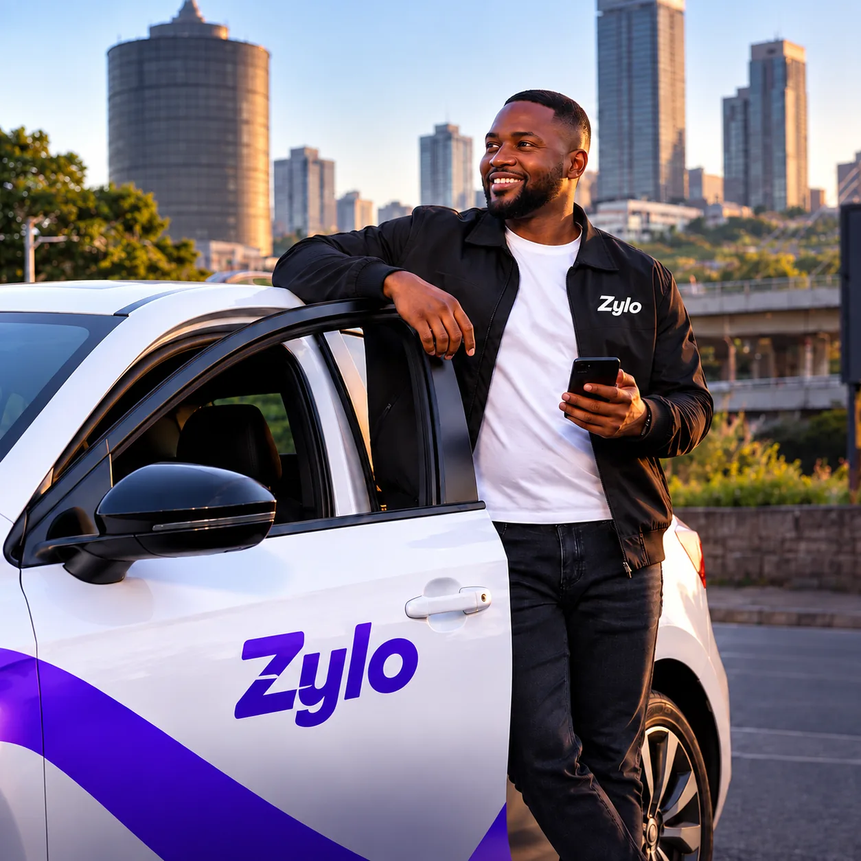 Zylo driver beside a branded car in Johannesburg