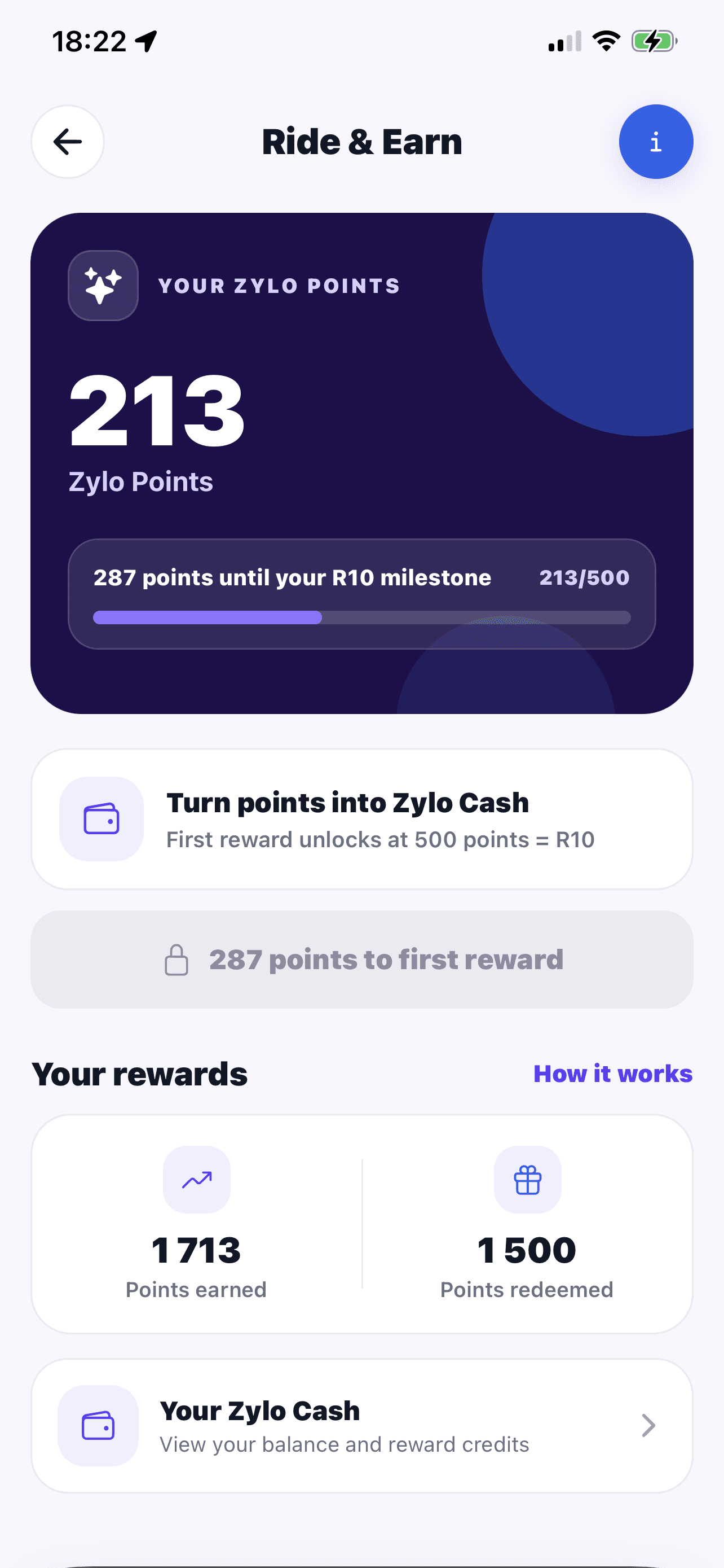 Zylo Ride & Earn dashboard showing 213 Zylo Points and progress towards the R10 reward milestone