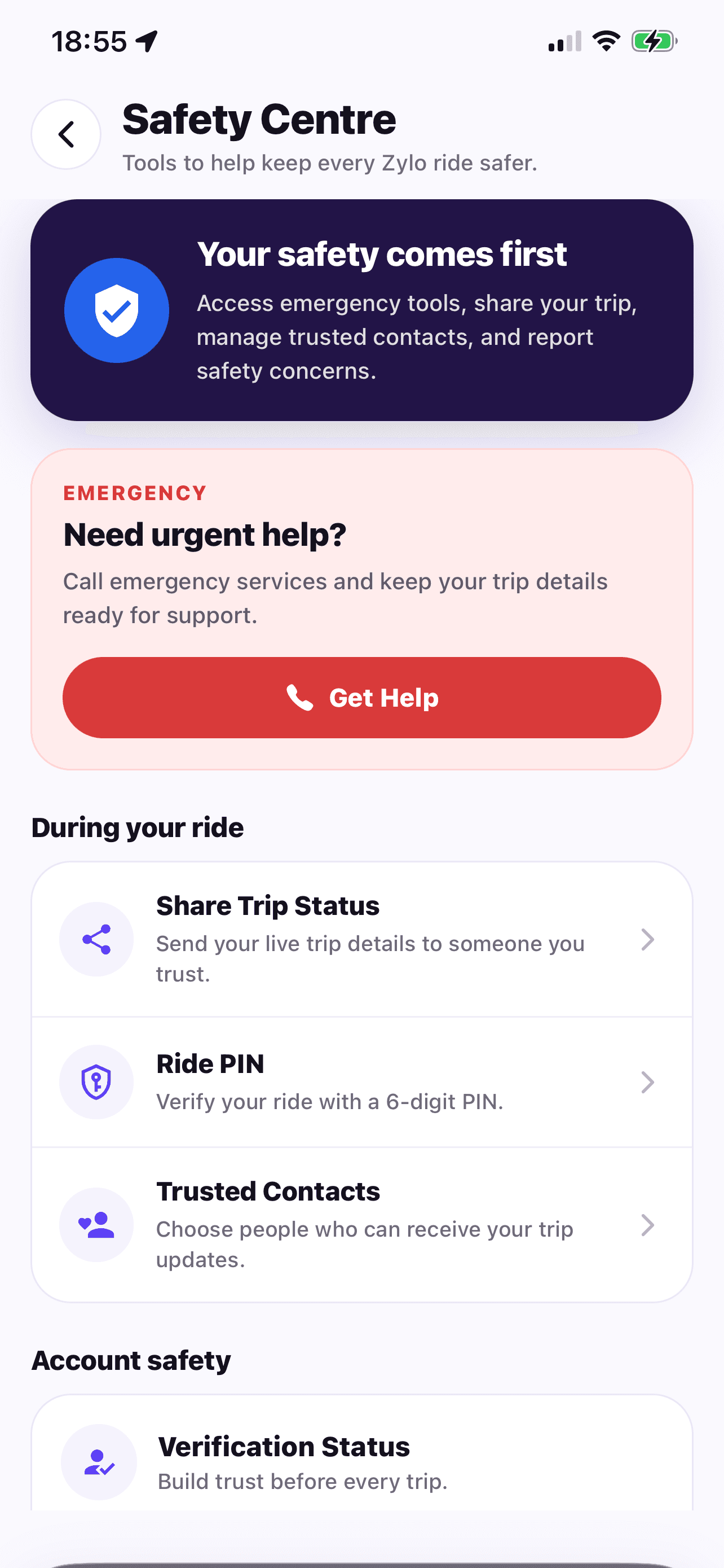 Zylo Safety Centre showing emergency help, Share Trip Status, Ride PIN and Trusted Contacts